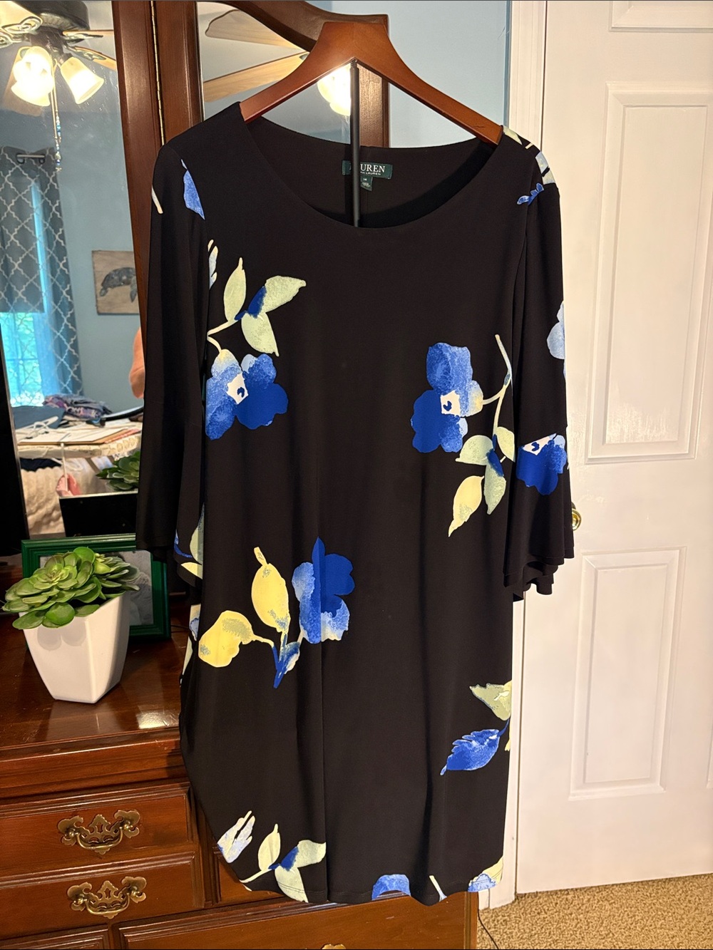 Lauren Ralph Lauren Black Midi Dress with Blue and Yellow Floral Print